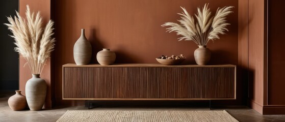 Stylish contemporary interior featuring a minimalist wooden sideboard with decorative vases and pampas grass. Warm, earthy tones create a modern and elegant aesthetic in a serene living space.