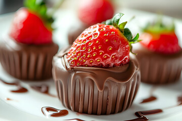 Elegant dessert display with chocolate mousse cups, topped with fresh raspberries, , and a dusting of chocolate on a white marble counter