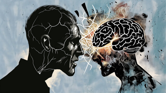 Illustration of two silhouettes facing each other, one screaming while the other appears to fragment. Symbolizes how harsh words can break the mind.