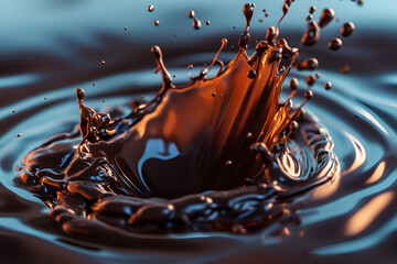 Crown splashing into melted chocolate, creating waves and drops of chocolate