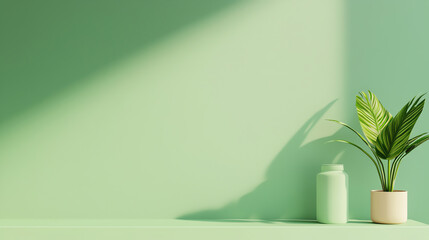 A serene green interior scene featuring a minimalist plant and bottle, perfect for nature-inspired design and decor projects.