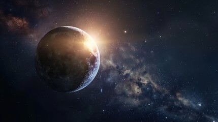 Obraz premium A crescent moon illuminated by the sun in a starry sky