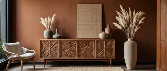Stylish contemporary interior featuring a minimalist wooden sideboard with decorative vases and pampas grass. Warm, earthy tones create a modern and elegant aesthetic in a serene living space.