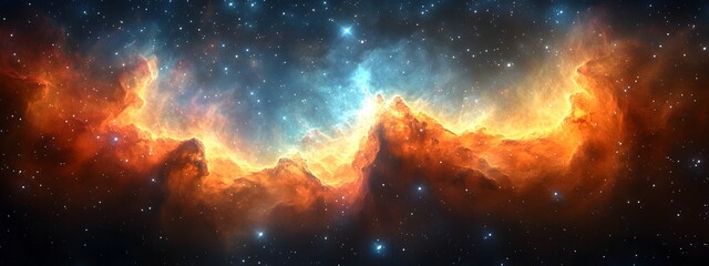 Fototapeta premium Expansive cosmic panorama showcasing the majestic beauty of swirling nebulae,glimmering stars,and distant galaxies in a mesmerizing display of color,light,and texture.