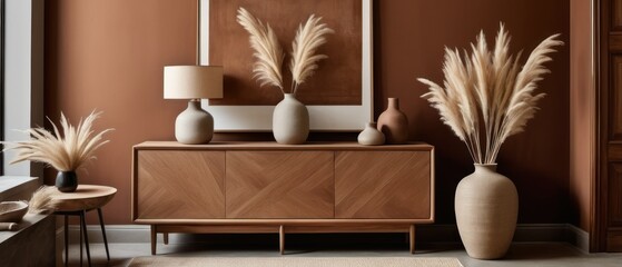 Stylish contemporary interior featuring a minimalist wooden sideboard with decorative vases and pampas grass. Warm, earthy tones create a modern and elegant aesthetic in a serene living space.