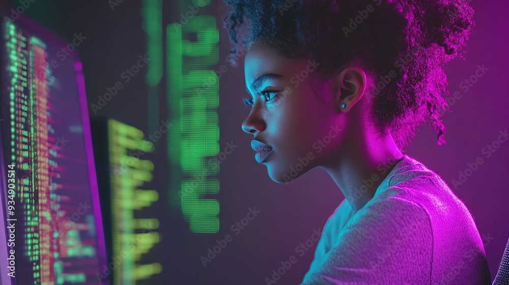 Wall mural Double Exposure of Digital Identity: A Young African American Woman with Curly Hair Analyzing Data and Code in a Cyberpunk-Inspired Dark Space with Neon Lights and Bokeh Effect