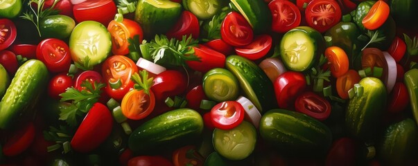 A vibrant assortment of fresh vegetables including tomatoes, cucumbers, and peppers, perfect for a healthy salad or a vegetarian meal.