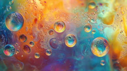 Vibrant oil bubbles float in water, creating a dreamlike, iridescent, microscopic view.