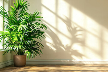 Fototapeta premium A vibrant indoor plant casting beautiful shadows on a bright wall, enhancing the ambiance of the room with natural beauty.