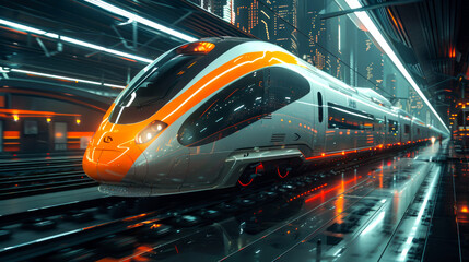 A Modern High-Speed Train Traveling Through a Futuristic Cityscape