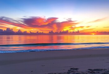 A breathtaking sunset over the ocean, with vibrant orange, pink, and purple clouds reflected in the calm waters