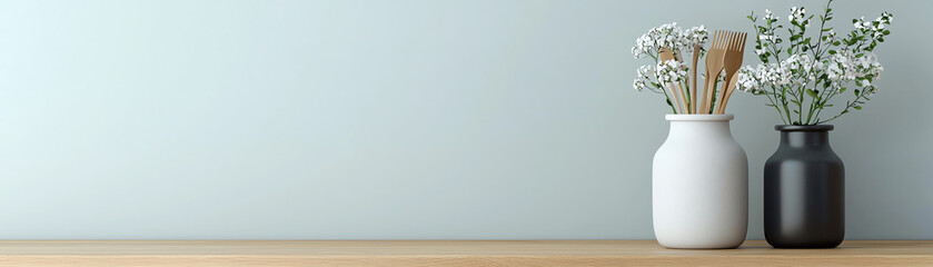 Elegant composition of two vases with dried flowers on a wooden surface against a soft blue wall.