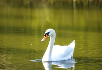 A white swan swimming in a pond with a green and brown background