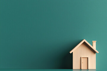 Minimalist wooden house model on a teal background, perfect for home-related themes and interior design projects.
