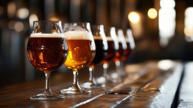 A row of assorted craft beers in elegant glasses on a wooden table, showcasing a variety of colors and frothy heads in a cozy bar setting.