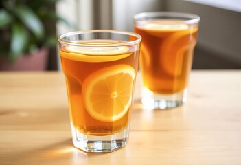 Two glasses of amber-colored liquid with lemon slices, on a wooden surface