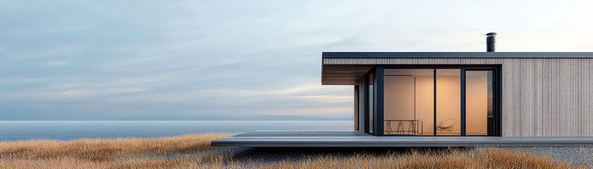 Fototapeta premium Modern beachfront house with large windows, surrounded by grass. Serene ocean view under a cloudy sky.