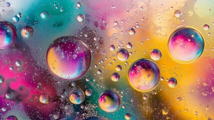 Vibrant abstract of oil bubbles in water, showcasing iridescent colors and intricate details.