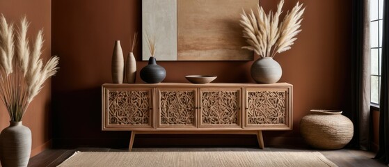 Stylish contemporary interior featuring a minimalist wooden sideboard with decorative vases and pampas grass. Warm, earthy tones create a modern and elegant aesthetic in a serene living space.