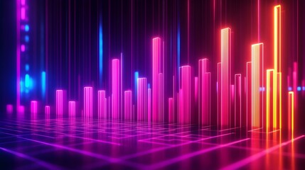 Futuristic 3D business growth chart with data visualization showcasing a sleek minimalist infographic design featuring abstract geometric shapes and a luminous neon color palette
