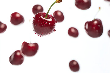 Raw fresh cherries with water drops spread over a cutout white background
