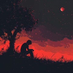 A solitary figure sits beneath a tree gazing at a blood red moon and starry sky