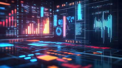 Futuristic Data Analytics and Financial Visualization Dashboard on Neon Background