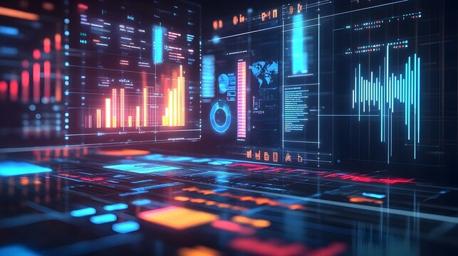 Futuristic Data Analytics and Financial Visualization Dashboard on Neon Background