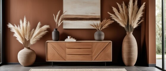 Stylish contemporary interior featuring a minimalist wooden sideboard with decorative vases and pampas grass. Warm, earthy tones create a modern and elegant aesthetic in a serene living space.