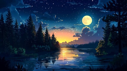 Nighttime View of a Lake and Forest with a Full Moon
