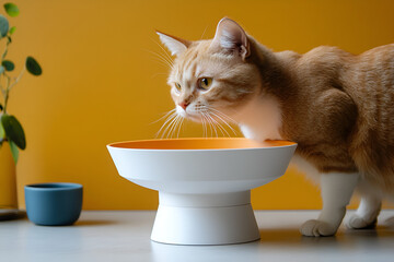 An orange golden shaded  cat with fluffy fur drinks from a white ceramic bowl in a modern kitchen, beautifully lit by soft natural light,