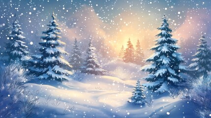 Snowy Forest with Sunlit Horizon and Falling Snow