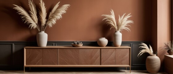 Stylish contemporary interior featuring a minimalist wooden sideboard with decorative vases and pampas grass. Warm, earthy tones create a modern and elegant aesthetic in a serene living space.