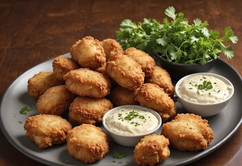 Fried chicken nuggets on a black plate, garnished with fresh parsley