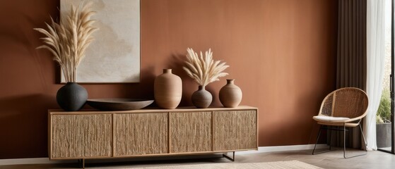 Stylish contemporary interior featuring a minimalist wooden sideboard with decorative vases and pampas grass. Warm, earthy tones create a modern and elegant aesthetic in a serene living space.
