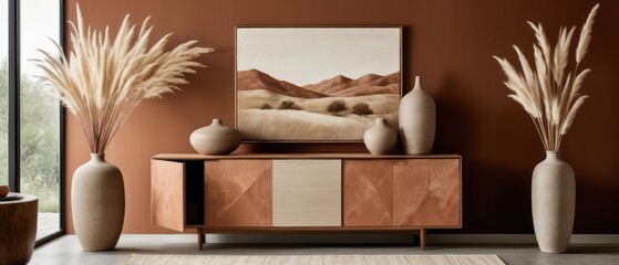 Stylish contemporary interior featuring a minimalist wooden sideboard with decorative vases and pampas grass. Warm, earthy tones create a modern and elegant aesthetic in a serene living space.