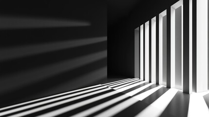 Obraz premium Black and white 3D room with natural shadows and crystal reflections, minimal and modern, copy space