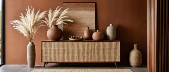 Stylish contemporary interior featuring a minimalist wooden sideboard with decorative vases and pampas grass. Warm, earthy tones create a modern and elegant aesthetic in a serene living space.