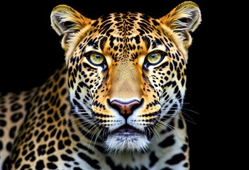Obraz premium A close-up portrait of a leopard with intense yellow eyes and a detailed spotted fur pattern against a dark background