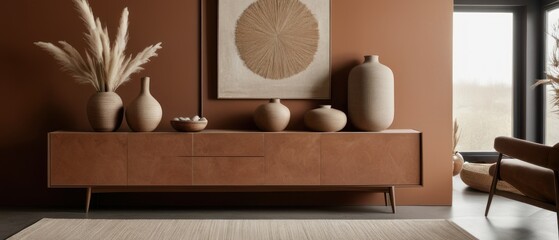 Stylish contemporary interior featuring a minimalist wooden sideboard with decorative vases and pampas grass. Warm, earthy tones create a modern and elegant aesthetic in a serene living space.