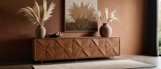 Stylish contemporary interior featuring a minimalist wooden sideboard with decorative vases and pampas grass. Warm, earthy tones create a modern and elegant aesthetic in a serene living space.