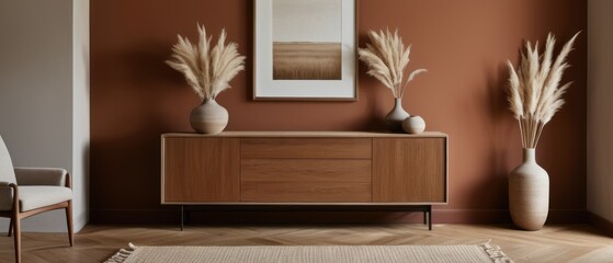 Stylish contemporary interior featuring a minimalist wooden sideboard with decorative vases and pampas grass. Warm, earthy tones create a modern and elegant aesthetic in a serene living space.