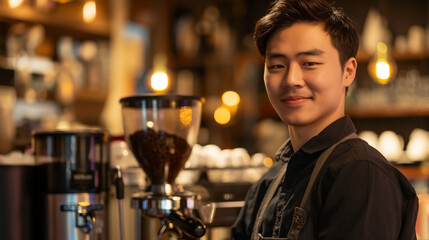 A young Asian male barista skillfully grinds coffee beans at a bustling café, surrounded by warm lighting and inviting decor during the afternoon rush, copy space