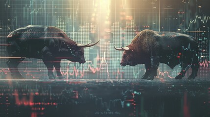 Bull and Bear Market: Icons of a bull and a bear facing off with financial graphs in the background.