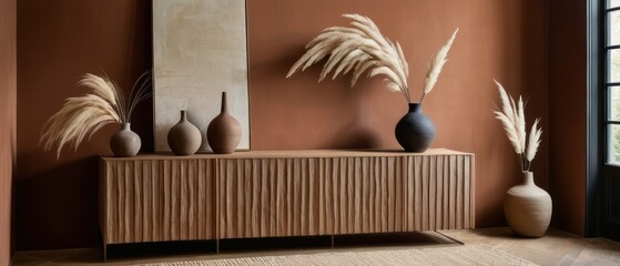 Stylish contemporary interior featuring a minimalist wooden sideboard with decorative vases and pampas grass. Warm, earthy tones create a modern and elegant aesthetic in a serene living space.