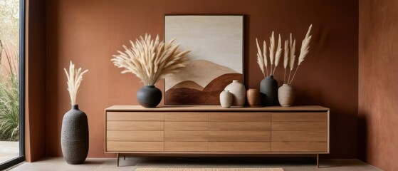 Stylish contemporary interior featuring a minimalist wooden sideboard with decorative vases and pampas grass. Warm, earthy tones create a modern and elegant aesthetic in a serene living space.