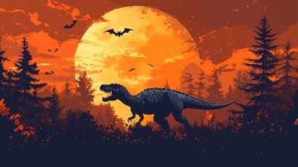 Fototapeta premium A dinosaur is walking through a forest at sunset