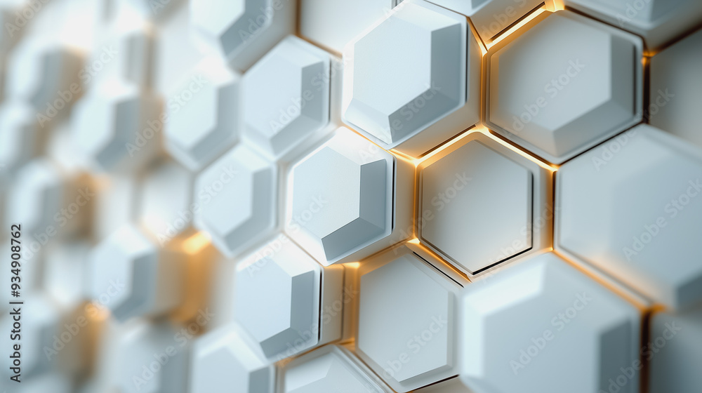 Poster a white background with a pattern of hexagons. the hexagons are illuminated, creating a sense of dep