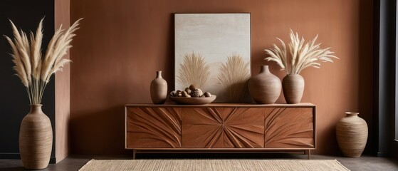 Stylish contemporary interior featuring a minimalist wooden sideboard with decorative vases and pampas grass. Warm, earthy tones create a modern and elegant aesthetic in a serene living space.
