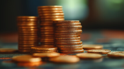 A pile of gold coins on a table. The coins are stacked on top of each other, creating a sense of wealth and abundance. The image conveys a feeling of prosperity and success